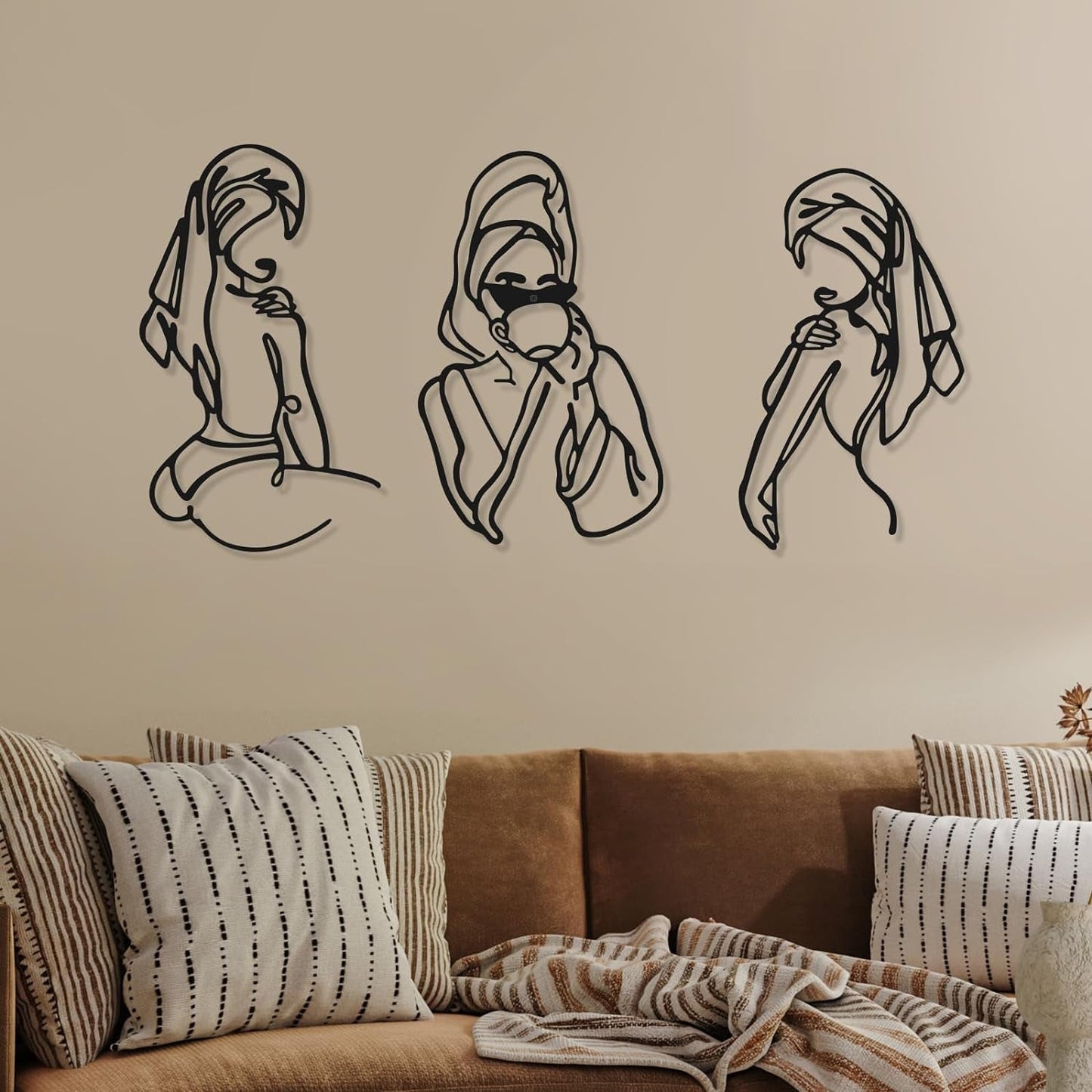 3 sztuki Metalowa minimalistyczna kobieta Wall Art Deco Nowoczesna metalowa abstrakcyjna kobieta Wall Art Kobieca pojedyncza linia Rysunki do powieszenia w salonie (czarny, nowoczesny) Figurki i rzeźby Naty Shop Czarny 35L X 25B Cm