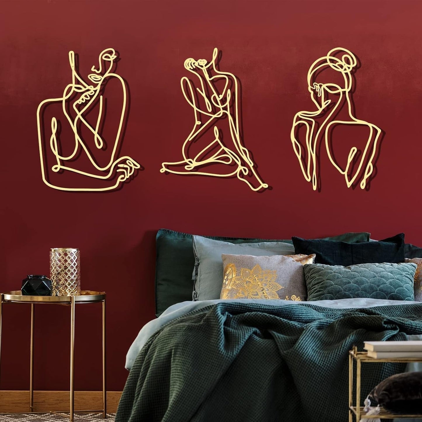 3 sztuki Metalowa minimalistyczna kobieta Wall Art Deco Nowoczesna metalowa abstrakcyjna kobieta Wall Art Kobieca pojedyncza linia Rysunki do powieszenia w salonie (czarny, nowoczesny) Figurki i rzeźby Naty Shop Gold 35L X 25B Cm