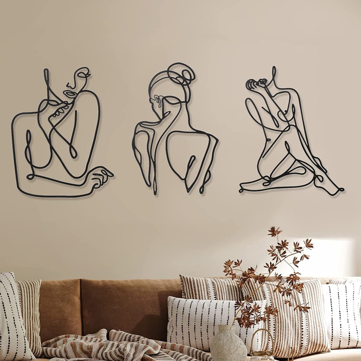 3 sztuki Metal Minimalistyczna kobieta Wall Art Deco Modern Metal Abstrakcyjna kobieta Wall Art Kobieca pojedyncza linia Rysunki do powieszenia w salonie (czarny, nowoczesny) Figurki i rzeźby Naty Shop Czarny nowoczesny