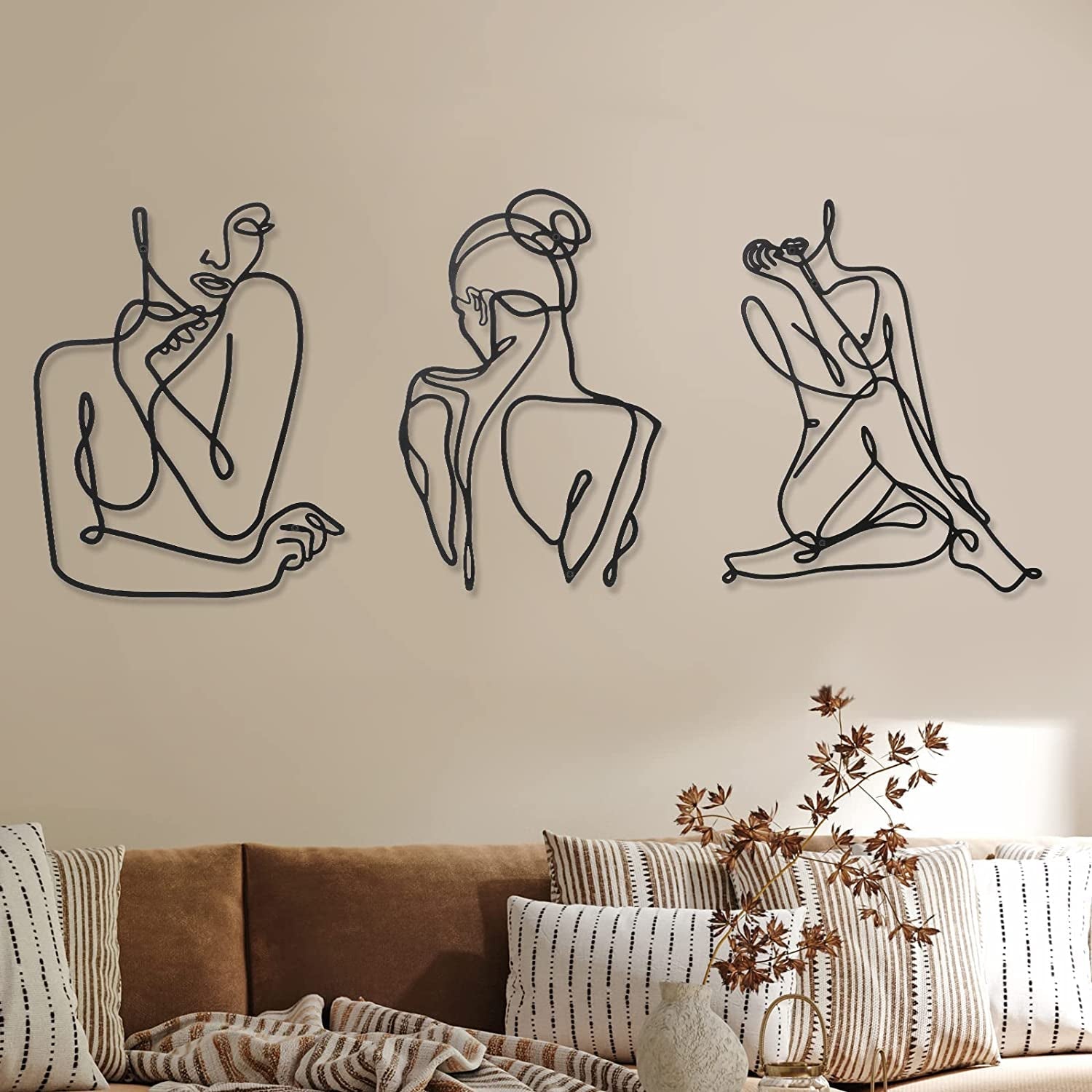 3 sztuki Metal Minimalistyczna kobieta Wall Art Deco Modern Metal Abstrakcyjna kobieta Wall Art Kobieca pojedyncza linia Rysunki do powieszenia w salonie (czarny, nowoczesny) Figurki i rzeźby Naty Shop Czarny nowoczesny