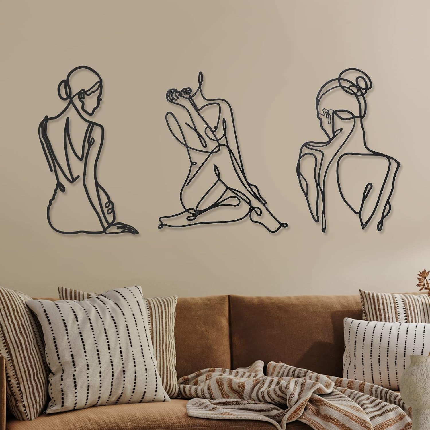3 sztuki Metalowa minimalistyczna kobieta Wall Art Deco Nowoczesna metalowa abstrakcyjna kobieta Wall Art Kobieca pojedyncza linia Rysunki do powieszenia w salonie (czarny, nowoczesny) Figurki i rzeźby Naty Shop Czarny 35L X 29B Cm
