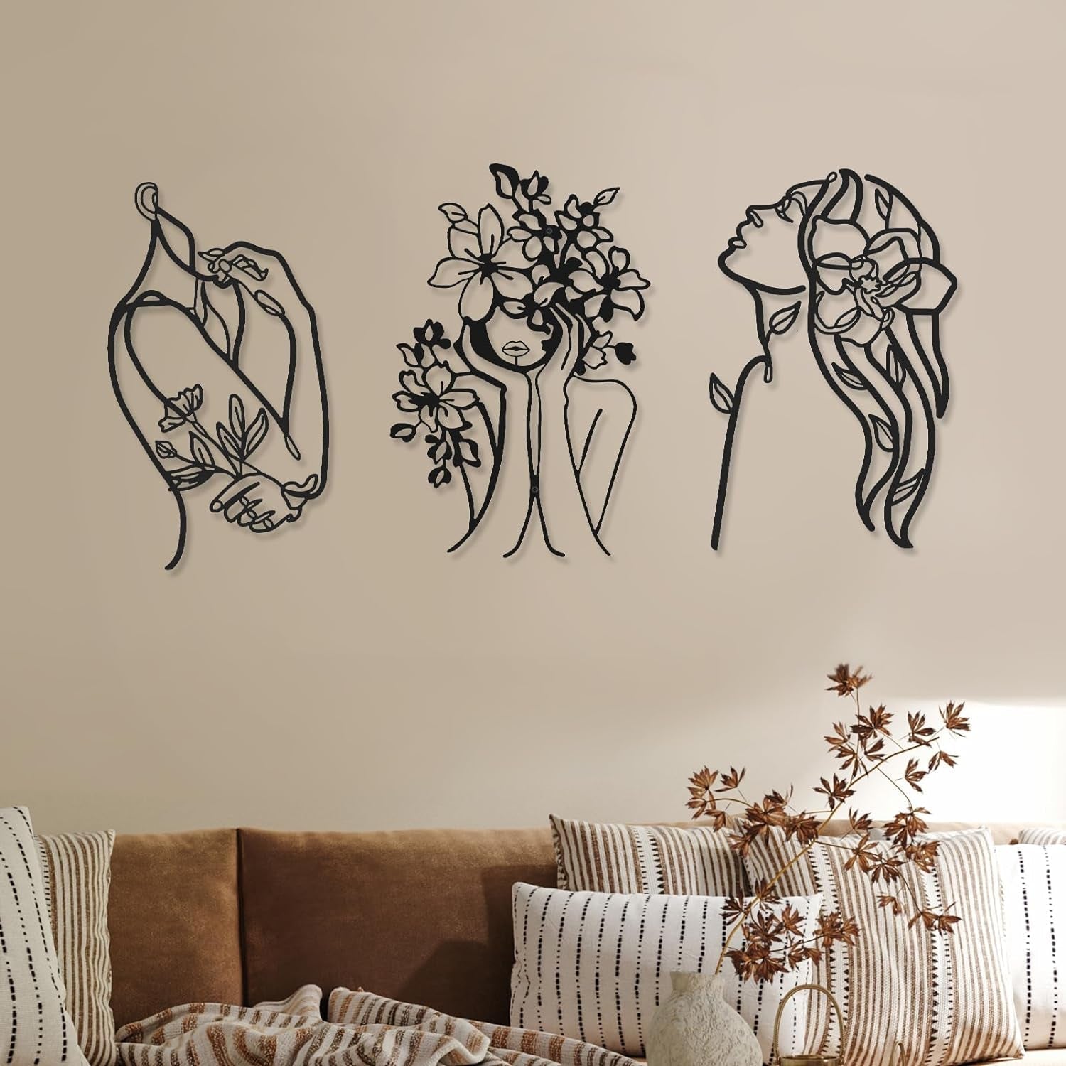 3 sztuki Metalowa minimalistyczna kobieta Wall Art Deco Nowoczesna metalowa abstrakcyjna kobieta Wall Art Kobieca pojedyncza linia Rysunki do powieszenia w salonie (czarny, nowoczesny) Figurki i rzeźby Naty Shop Elegancki 35L X 25B Cm