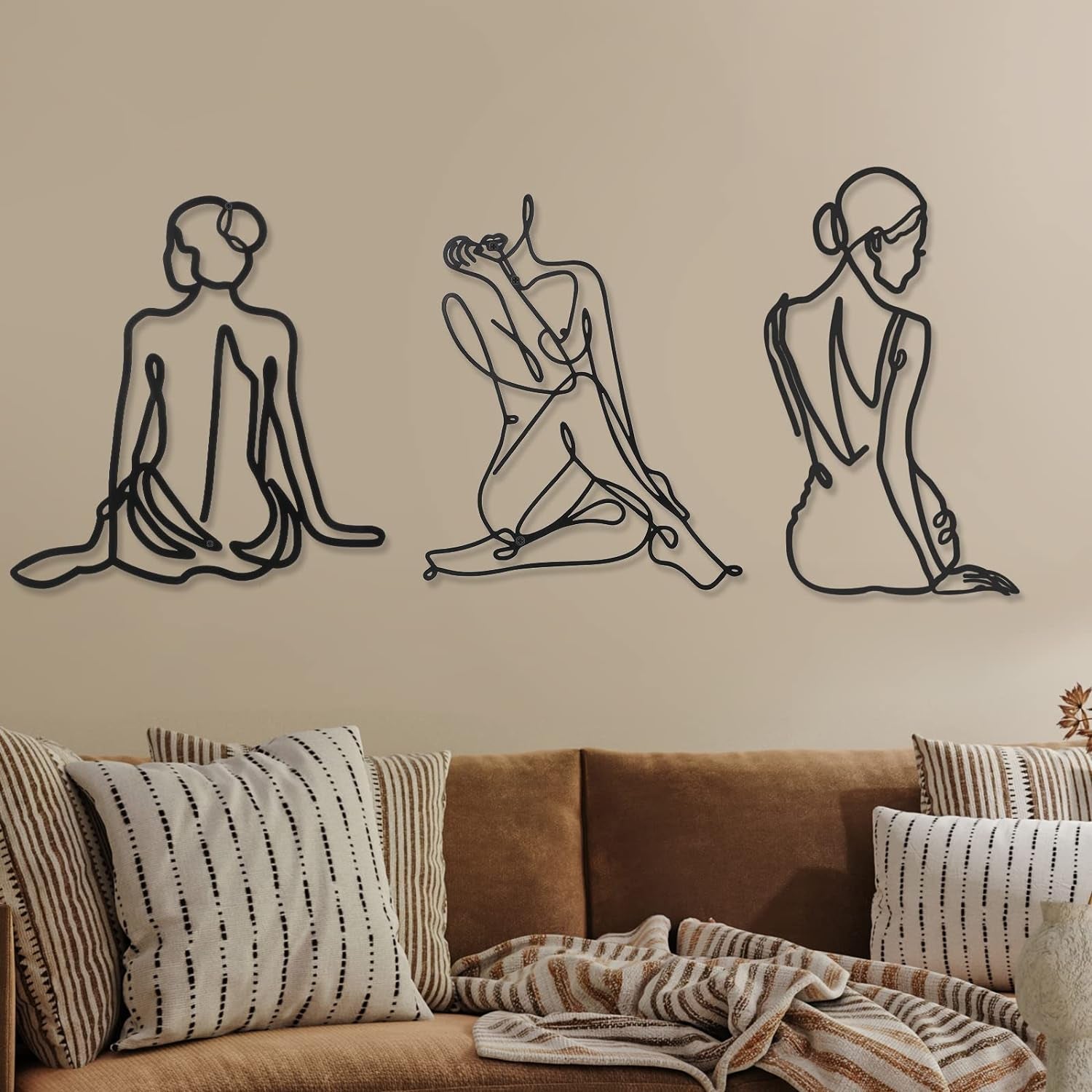 3 sztuki Metal Minimalistyczna kobieta Wall Art Deco Modern Metal Abstrakcyjna kobieta Wall Art Kobieca pojedyncza linia Rysunki do powieszenia w salonie (czarny, nowoczesny) Posążki i rzeźby Naty Shop Czarny Vintage