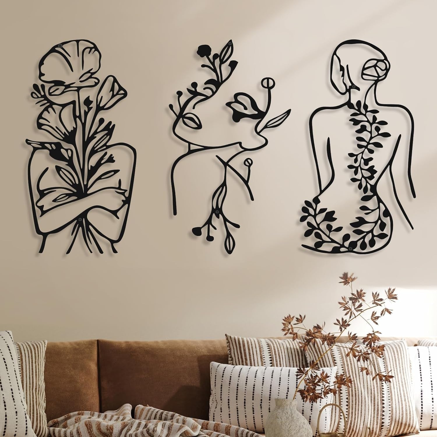 3 sztuki Metal Minimalistyczna kobieta Wall Art Deco Nowoczesna metalowa Abstrakcyjna kobieta Wall Art Kobieca pojedyncza linia Rysunki do powieszenia w salonie (czarny, nowoczesny) statuetki i rzeźby Naty Shop Black Plant