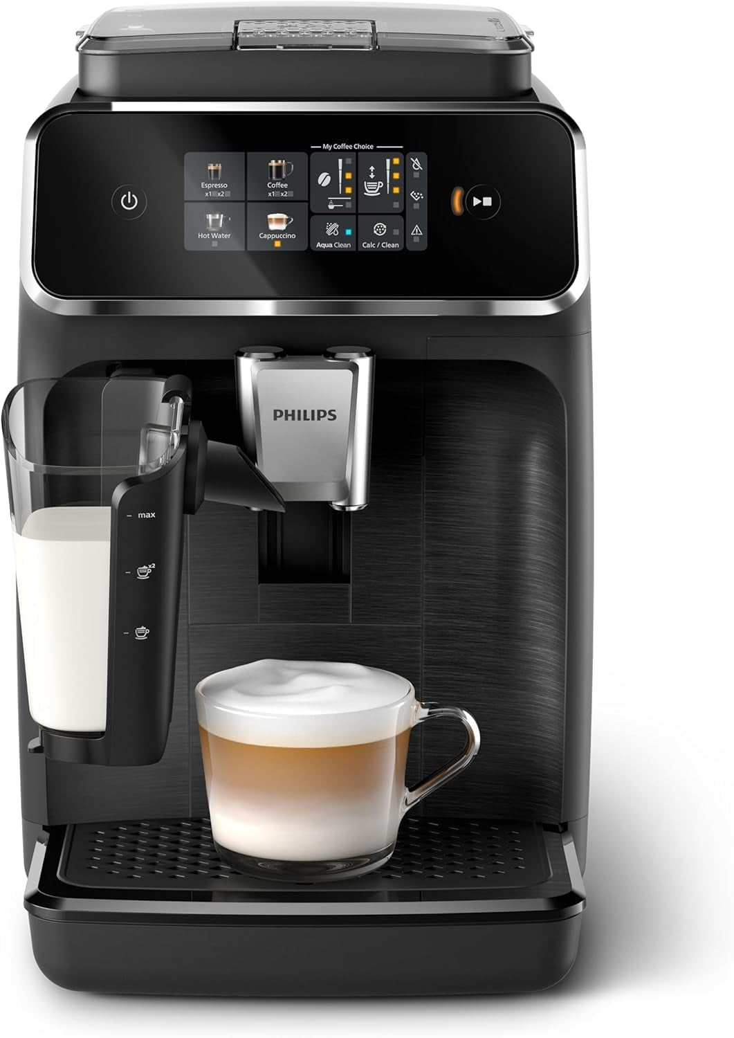 Ekspres automatyczny PHILIPS seria 2300 - 4 napoje, nowoczesny kolorowy ekran dotykowy, system przygotowania mleka LatteGo, SilentBrew, młynek 100% ceramiczny, filtr AquaClean. Czarny matowy (EP2330/10)