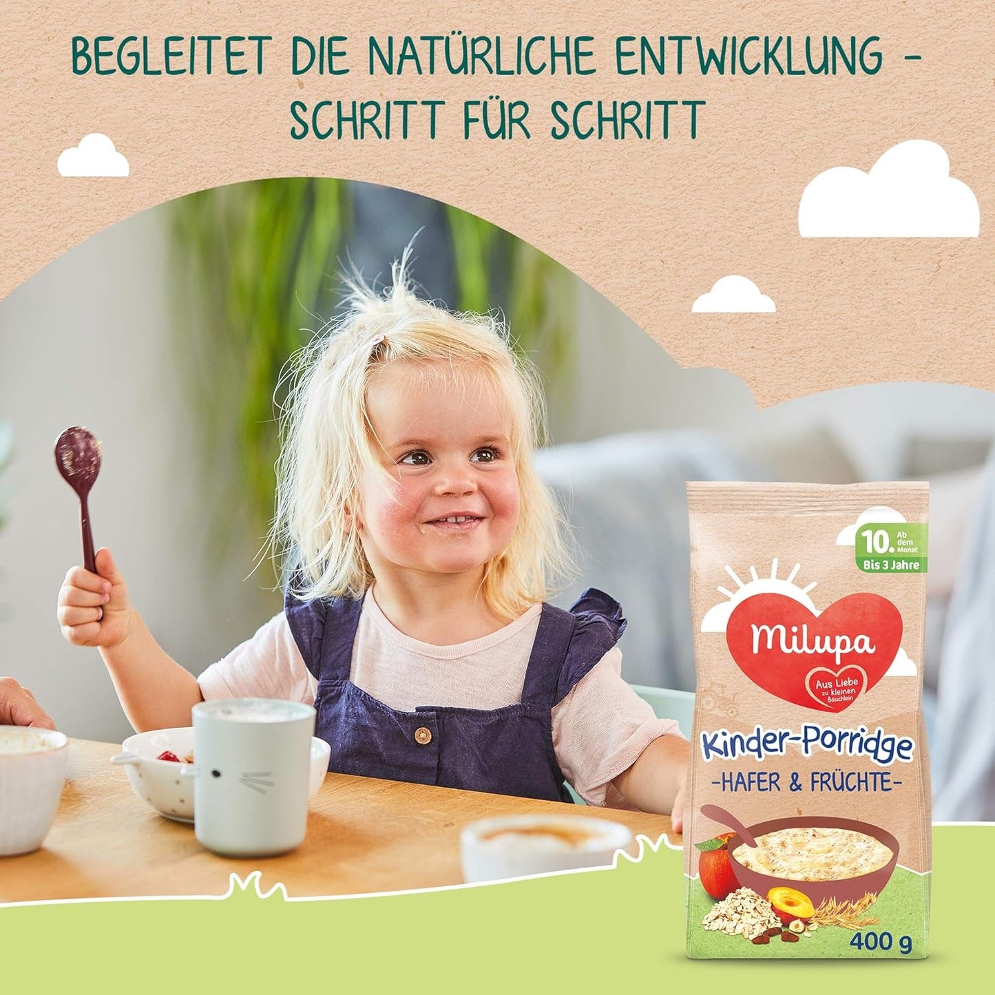 Milupa Baby Owsianka - Owsianka Owsianka i Owoce 10 miesięcy do 3 lat Jedzenie dla dzieci 1 x 400 g (2 sztuki w opakowaniu)