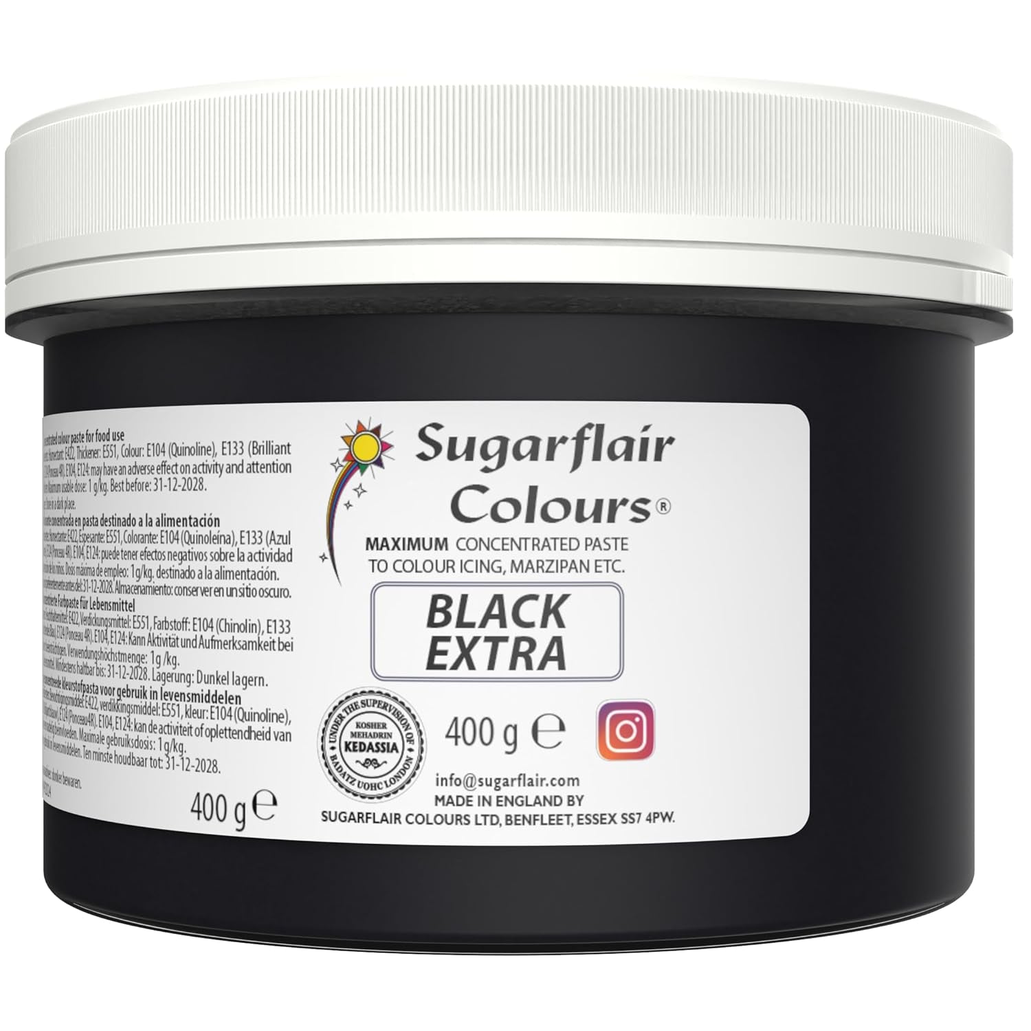 Barwnik spożywczy Sugarflair Max Concentrated Black, silnie skoncentrowany barwnik spożywczy do marcepanu i fondantu, barwnik w paście Max Concentrate - 400 g
