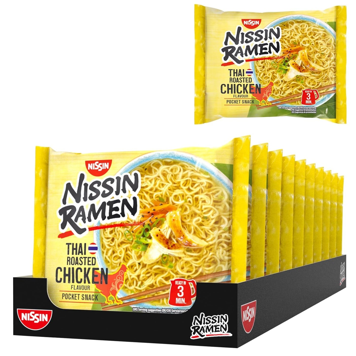 Nissin Ramen - Tajski Pieczony Kurczak 10 Paczek Makaron Natychmiastowy w Stylu Azjatyckim Przepis Tajski Szybkie i Łatwe Jedzenie Azjatyckie (10 x 65g)