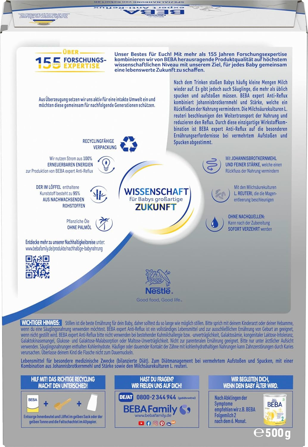 BEBA expert Anti-Reflux - AR Specjalna formuła od urodzenia na wzmożone odbijanie i wymioty, żywność dla niemowląt, mleko w proszku dla niemowląt, 1 opakowanie (1 x 500g)