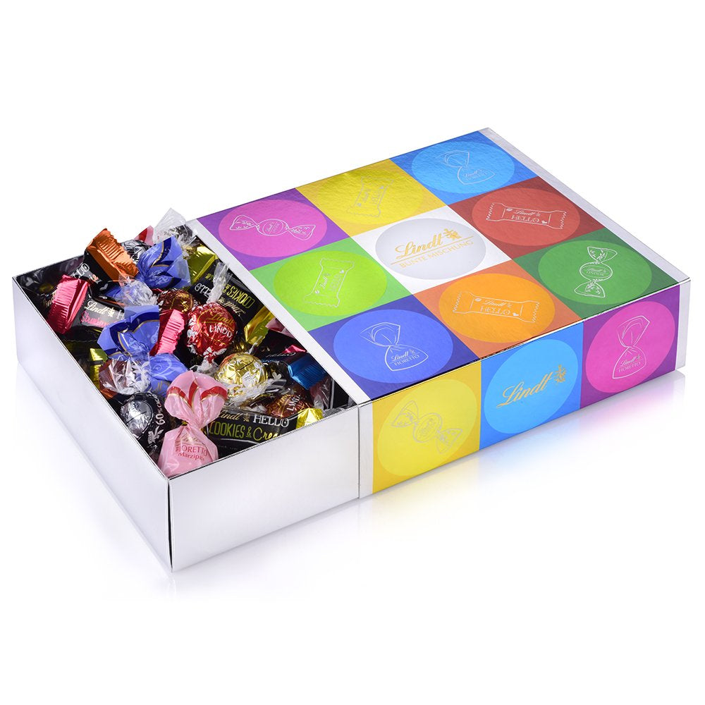 Asortyment czekoladowy (37 kulek LINDOR, 24 patyczki Hello Mini, 10 Mini Fioretto), prezent czekoladowy (1 x 815 g) i HELLO Mini Emoti, mleczna czekolada w 5 wzorach emotikonów, 164 g