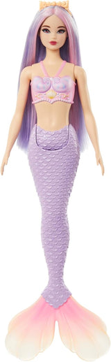 Lalka Barbie Syrenka z fantazyjnymi różowymi i liliowymi włosami i opaską na głowę, lalka w kształcie muszli z lawendowo-niebieskim ogonem, HRR06 Naty Shop Dolls Syrenka z lawendowo-niebieskim ogonem