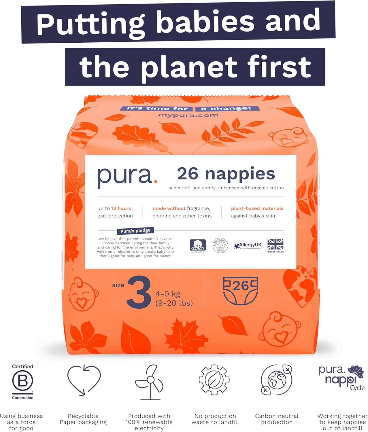 Pieluszki Eco Baby - Rozmiar 3 (4-9 kg), 1 opakowanie (26 pieluch), Ultra miękkie pieluszki dla wrażliwej skóry, Bawełna organiczna, Ochrona przed wyciekaniem do 12 godzin, Nowa tabela rozmiarów