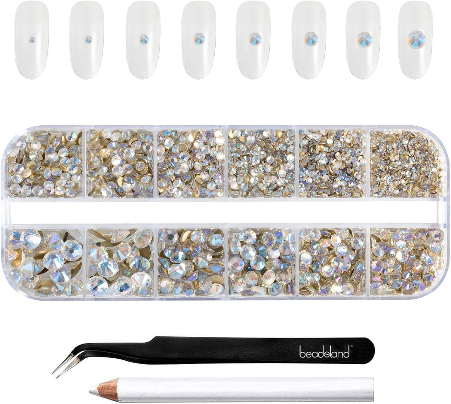 Beadsland 2500 szt. Glas Nailart Strasssteine ​​​​Kristall Flatback Edelsteine ​​​​Runde, ​​Für Handwerk Gemischt 8 Größen SS4 ~ SS30 Mit Picking Pinzette Und Stift (Kristall Weiss)