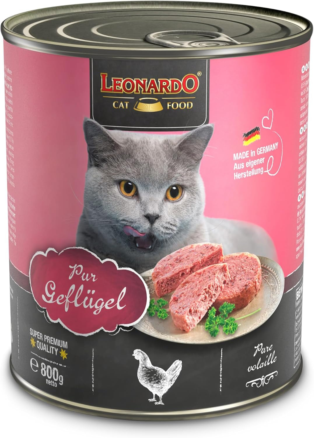 LEONARDO Nassfutter für Katzen, Geflügel pure, 6X 800g Dose, Katzenfutter getreidefrei, Alleinfutter, wyprodukowano w Niemczech