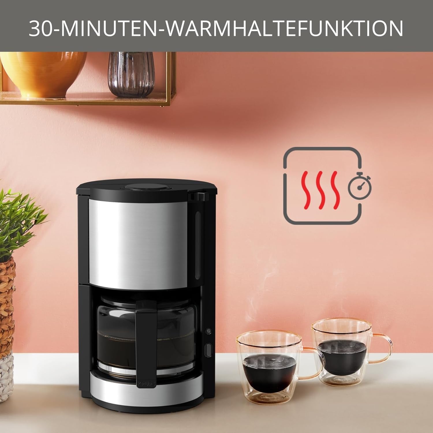 Ekspres do kawy Krups KM3210 Pro Aroma Plus, 10 filiżanek, 1,25 l, utrzymywanie ciepła przez 30 minut, widoczne okienko poziomu wody, system zapobiegający kapaniu, czarny z aplikacjami ze stali nierdzewnej