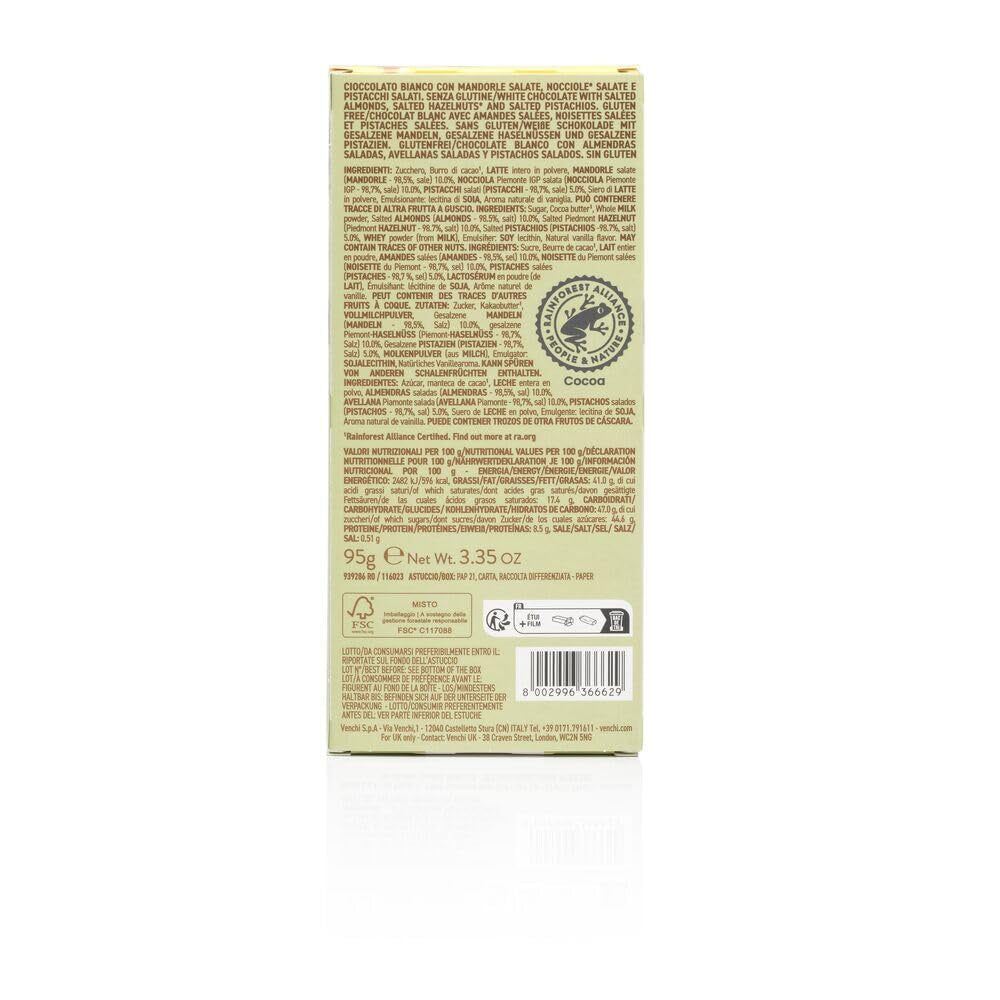 Venchi - Baton Solone Orzechy Laskowe, Solone Orzechy Laskowe, Migdały i Pistacje, 95g, z „Piemonckimi Orzechami Laskowymi”, Bezglutenowe, Bez Sztucznych Barwników i Bez Konserwantów