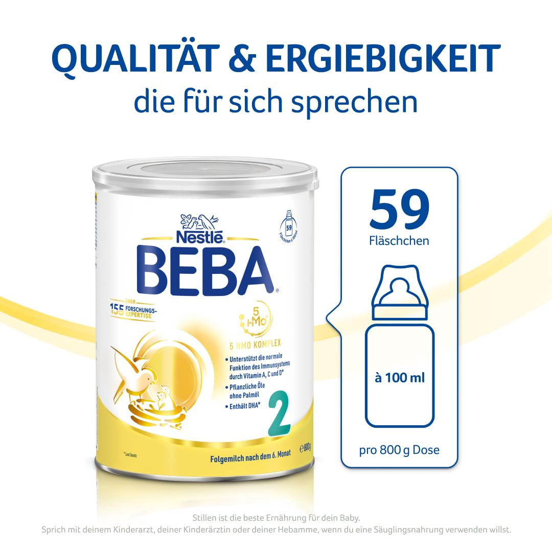 BEBA 2 - Mleko następne po 6 miesiącu, z kompleksem 5 HMO, zawartością białka odpowiednią do wieku, bez laktozy, bez oleju palmowego, bez oleju rybnego, żywność dla niemowląt, mleko w proszku dla dzieci, opak. 3 szt. (3 x 800g)