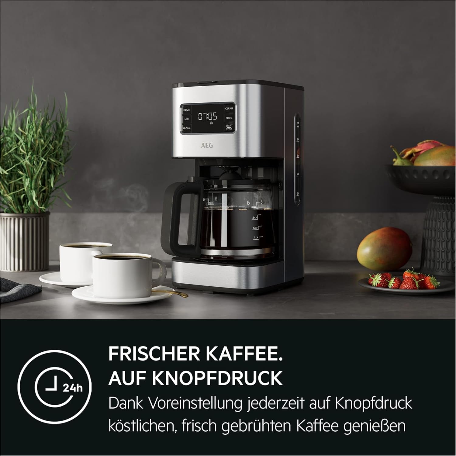 Ekspres AEG Deli 5, 1,5 l, programowalny timer, funkcja utrzymywania ciepła, wyłącznik bezpieczeństwa, wskaźnik poziomu wody, optymalne dozowanie, funkcja zapobiegająca kapaniu, stal nierdzewna, CM5-1-6ST