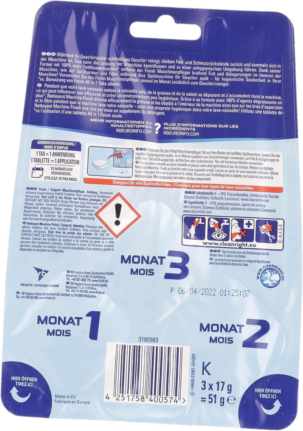 Tabletki do czyszczenia maszyn Finish - Tabletki do zmywarki przeciw brudowi i tłuszczowi wewnątrz zmywarki, 3 tabletki Naty Shop