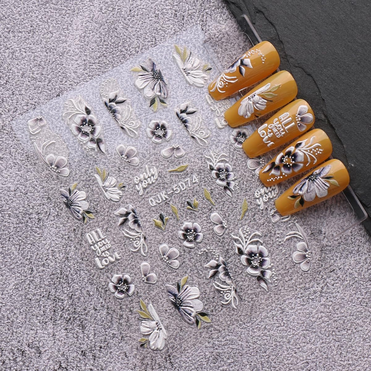 JMEOWIO 6 Blatt 3D Nagelsticker Frühlings Blume Nail Art Naklejka Selbstklebend Nagelaufkleber 5D Stereoskopisch Bunte Sommer Blumen Dekoration Nageldesign Zubehör