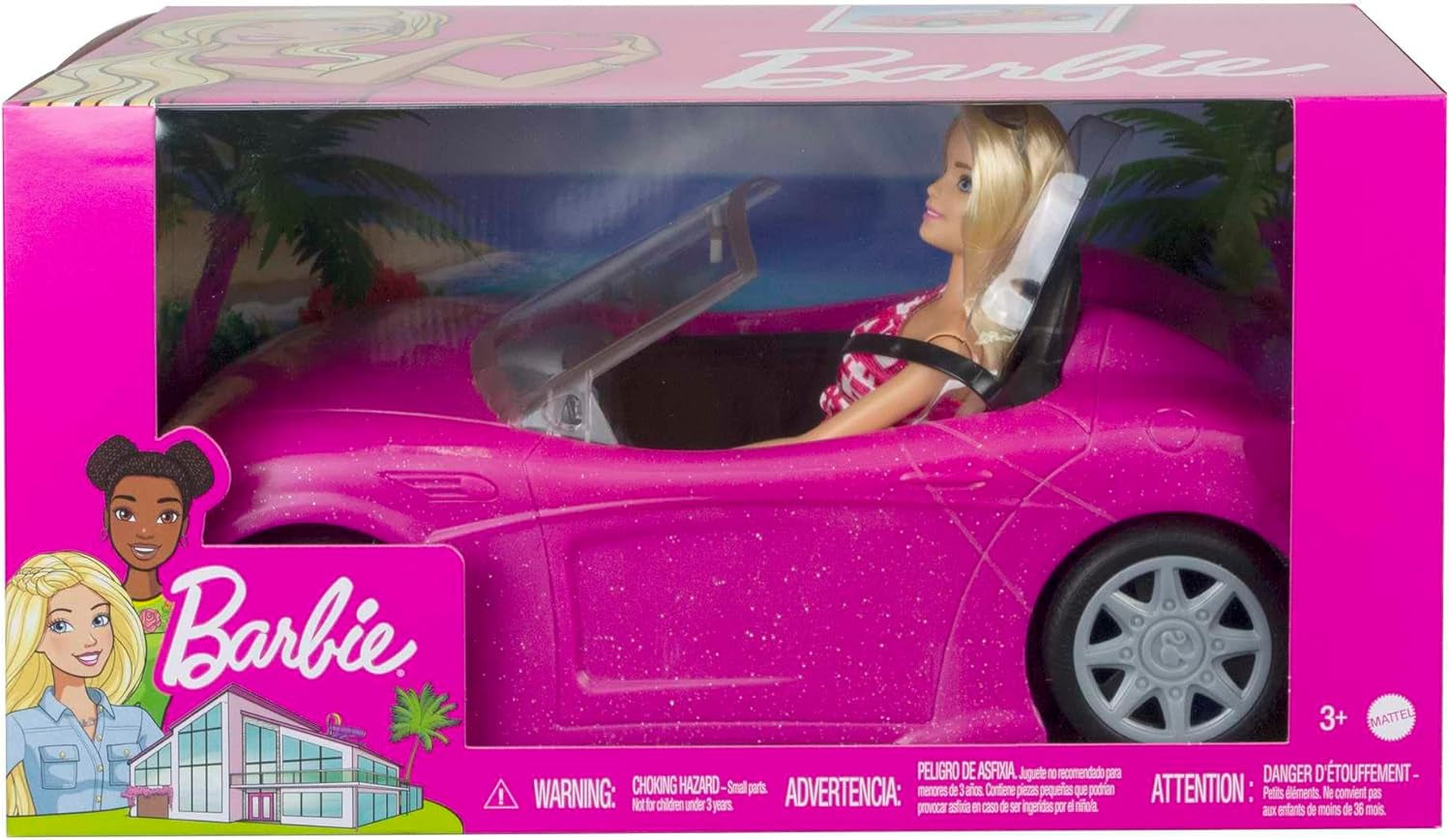 Lalka Barbie i różowy brokatowy kabriolet, realistyczne logo opony, 3-letnia zabawka, DJR55 Naty Shop Dolls