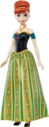 Mattel Disney Frozen Singing Anna Doll - 30-sekundowy fragment piosenki, klasyczny strój zamkowy, odpinana miękka spódnica, czesane włosy, dla dzieci w wieku 3+, wersja niemiecka, HMG41