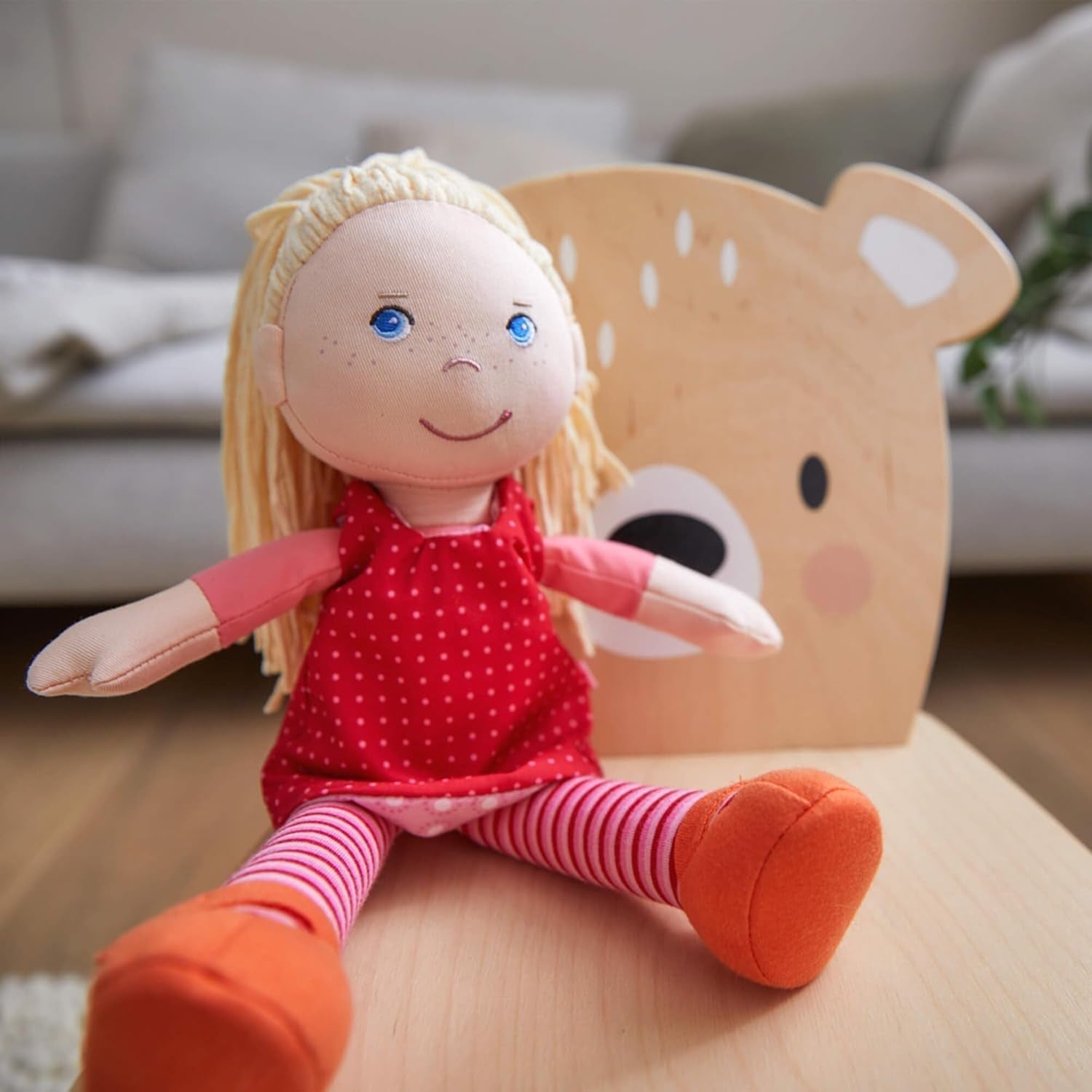 HABA 302108 - Lalka Annelie, lalka materiałowa z ubrankami i włosami, 30 cm, zabawka od 18 miesiąca, czerwona Dolls Naty Shop