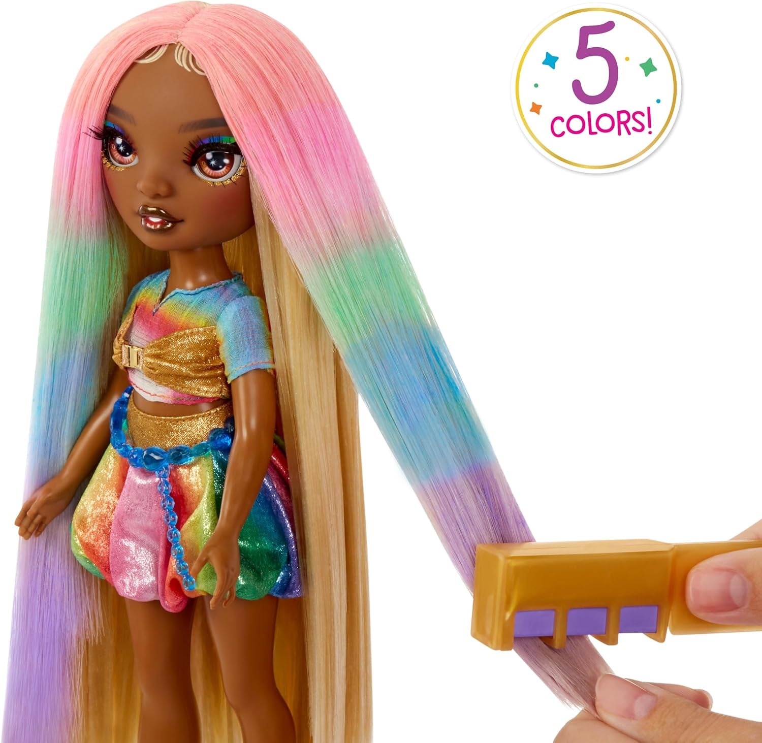 Lalka Rainbow High Hair Chalk & Styling - Meline - 28 cm tęczowa i złota zmywalna lalka kredowa do włosów, kolorowanie, stylizacja, zabawa, płukanie i powtarzanie, dla dzieci w wieku 4-12 lat