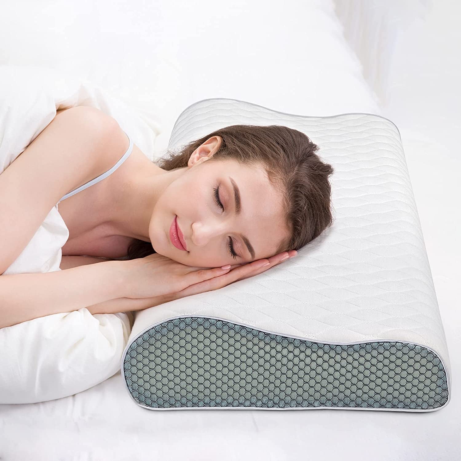 Fityou Pernă din spumă de memorie, pernă de sprijin pentru gât, pernă ergonomia de dormit, pernă de răcire, design cu două fețe, capac de pernă lavabil (67,5X40X13Cm) Perne ortopedice szyjki macicy Naty Shop Alb + Plasă 3D 60X35X9/11 cm