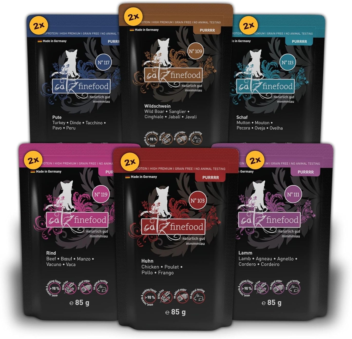 Catz Finefood Purrrr Collection I - Monoproteinowa mokra karma dla kotów - bez zbóż, bez cukru, hipoalergiczna - o wysokiej zawartości mięsa - Mokra karma dla kotów w opakowaniach zbiorczych - w saszetkach, 85g (12 opakowań)