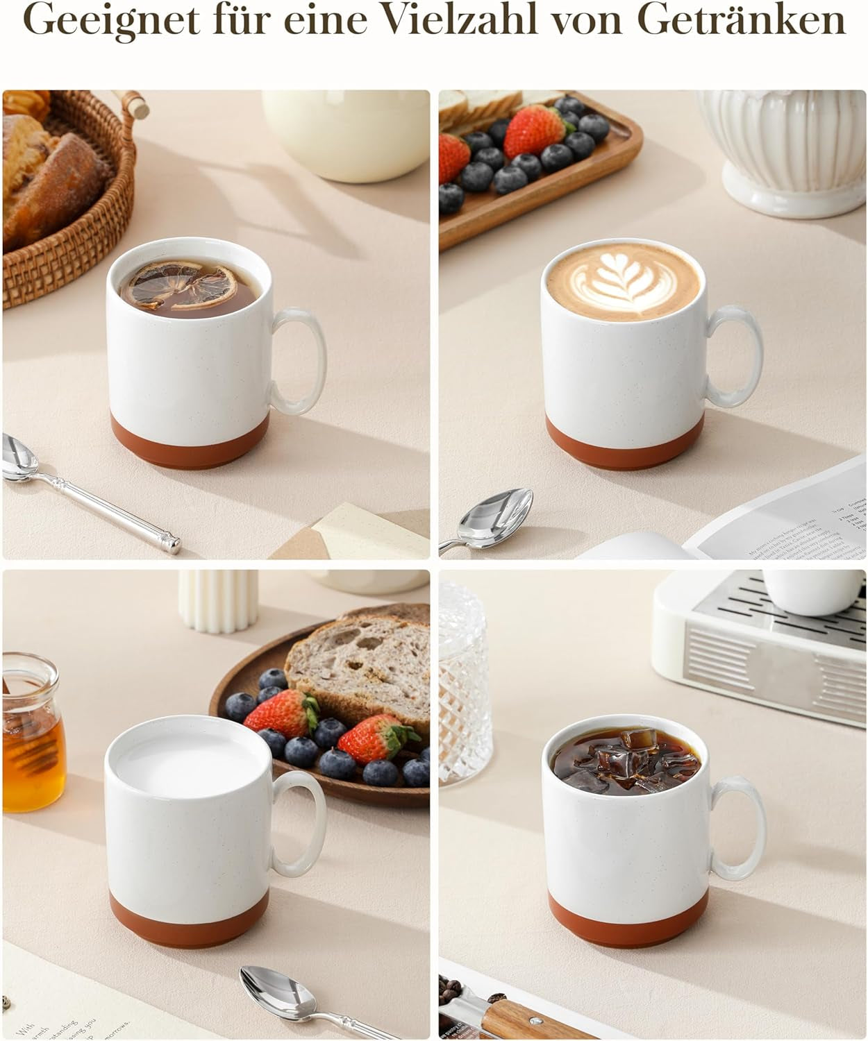 Zestaw kubków do kawy MALACASA, zestaw kubków kamionkowych 350ml dla 4 osób, nowoczesne kubki do kawy do herbaty, soku, latte, cappuccino, gorącej czekolady. Można myć w zmywarce i używać w kuchence mikrofalowej, seria TARA, kolor khaki biały