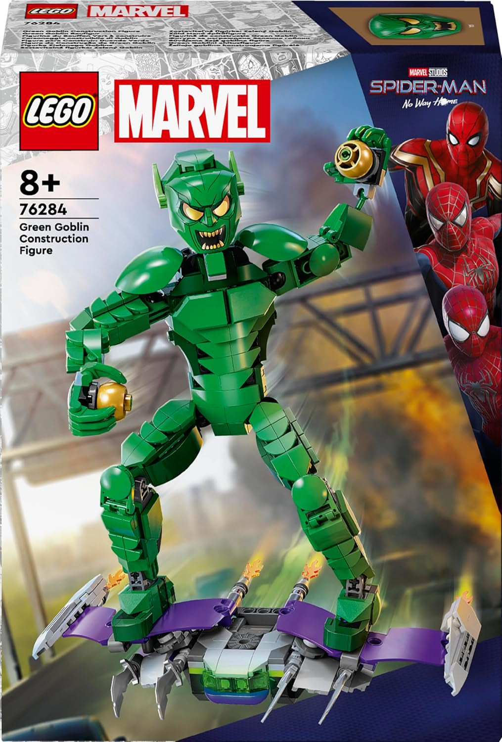 Figurka LEGO Marvel Green Goblin, ruchoma zabawka do budowania superzłoczyńcy dla dzieci w wieku 8+, chłopców i dziewcząt, zestaw Wszechświat Spider-Mana z suwakami i bombami dyniowymi, pomysł na prezent dla superbohatera 76284 Zestawy do budowania Besuche w sklepie LEGO
