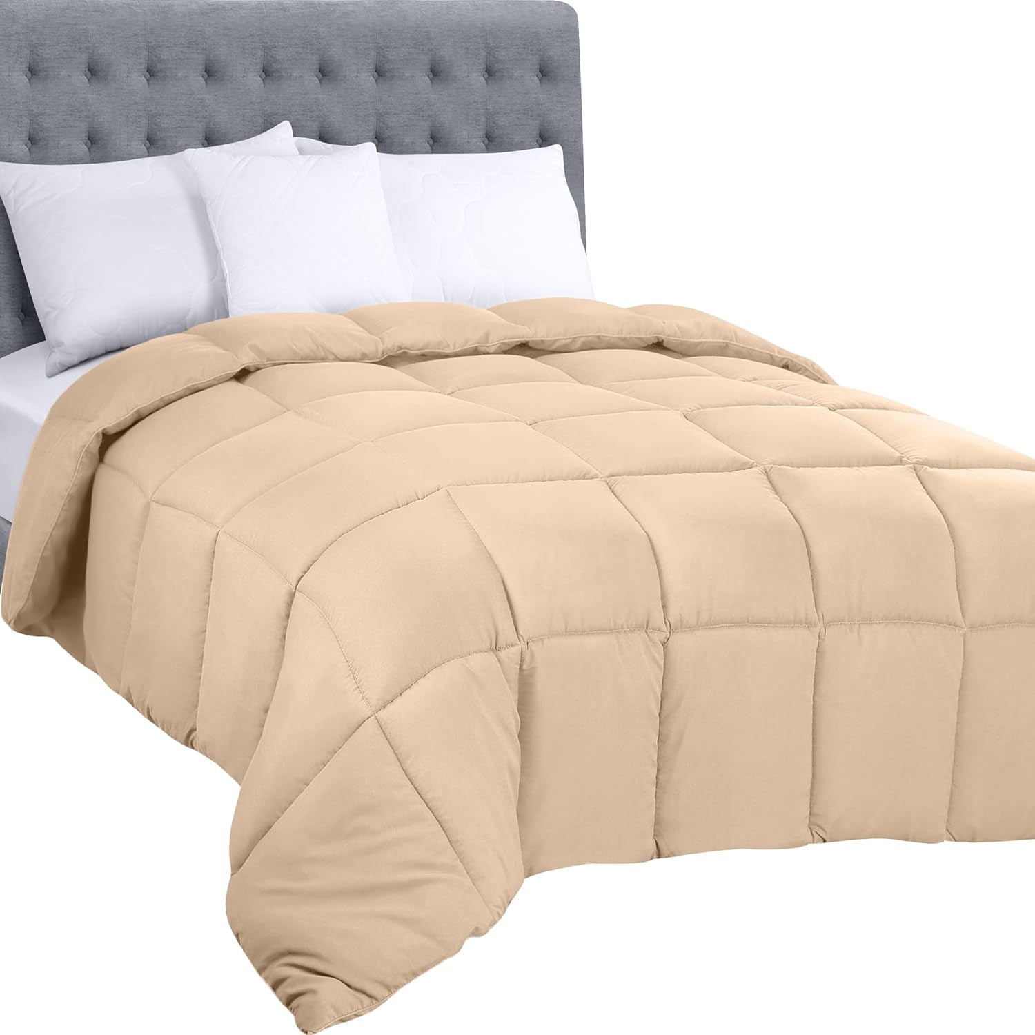Pościel Utopia Całoroczna kołdra 250 g/m2 Pluszowe, silikonowe wypełnienie z włókna podwójnego Zaszyte w pudełku (podwójne XL jasnoszare) Naty Shop Beżowe podwójne kołdry i kołdry (1 opakowanie)
