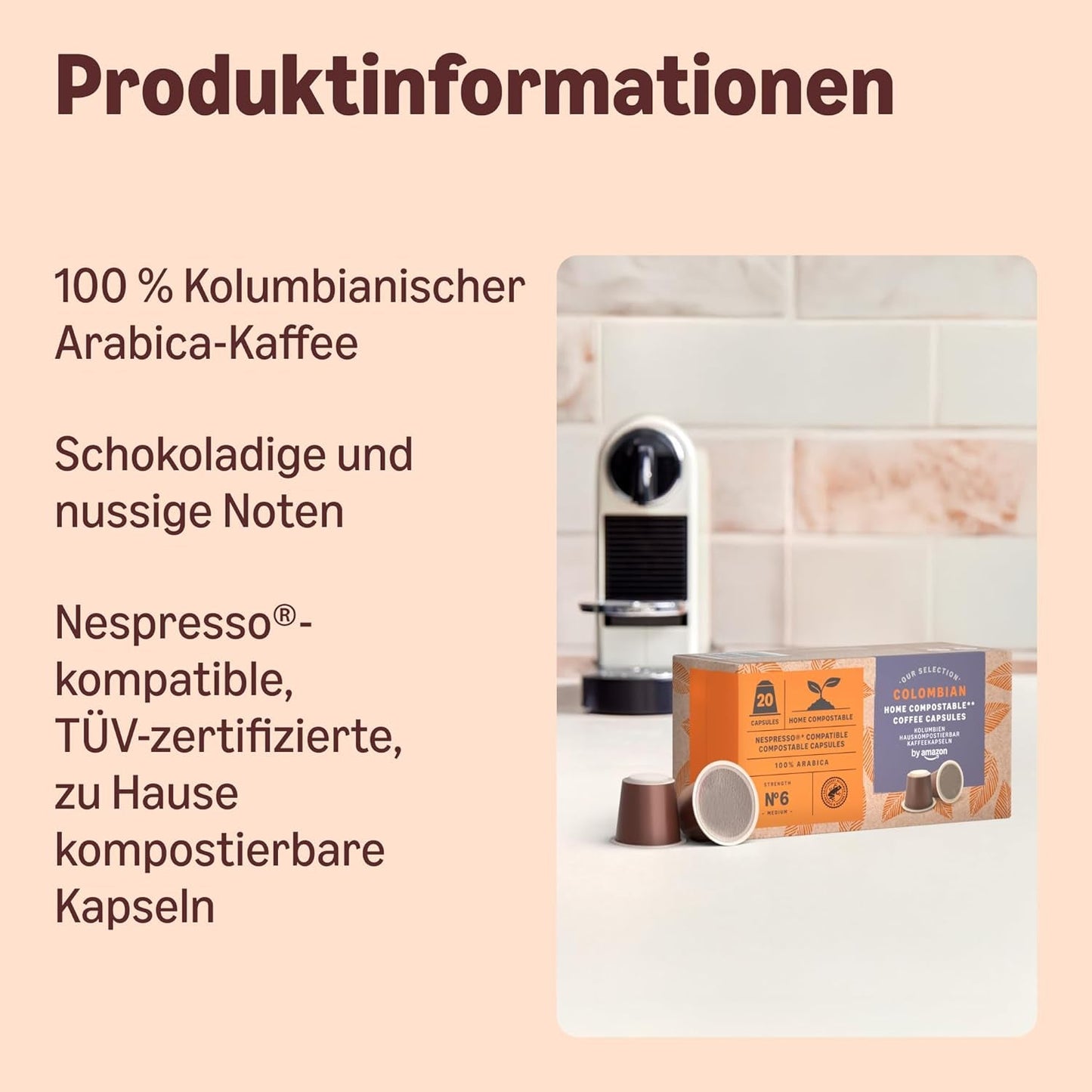 Autor: Amazon Heimkompostierbare Kaffeekapseln, kompatibel mit Nespresso, 100% kolumbianischer Arabica, 20 Stück – Rainforest Alliance-zertifiziert