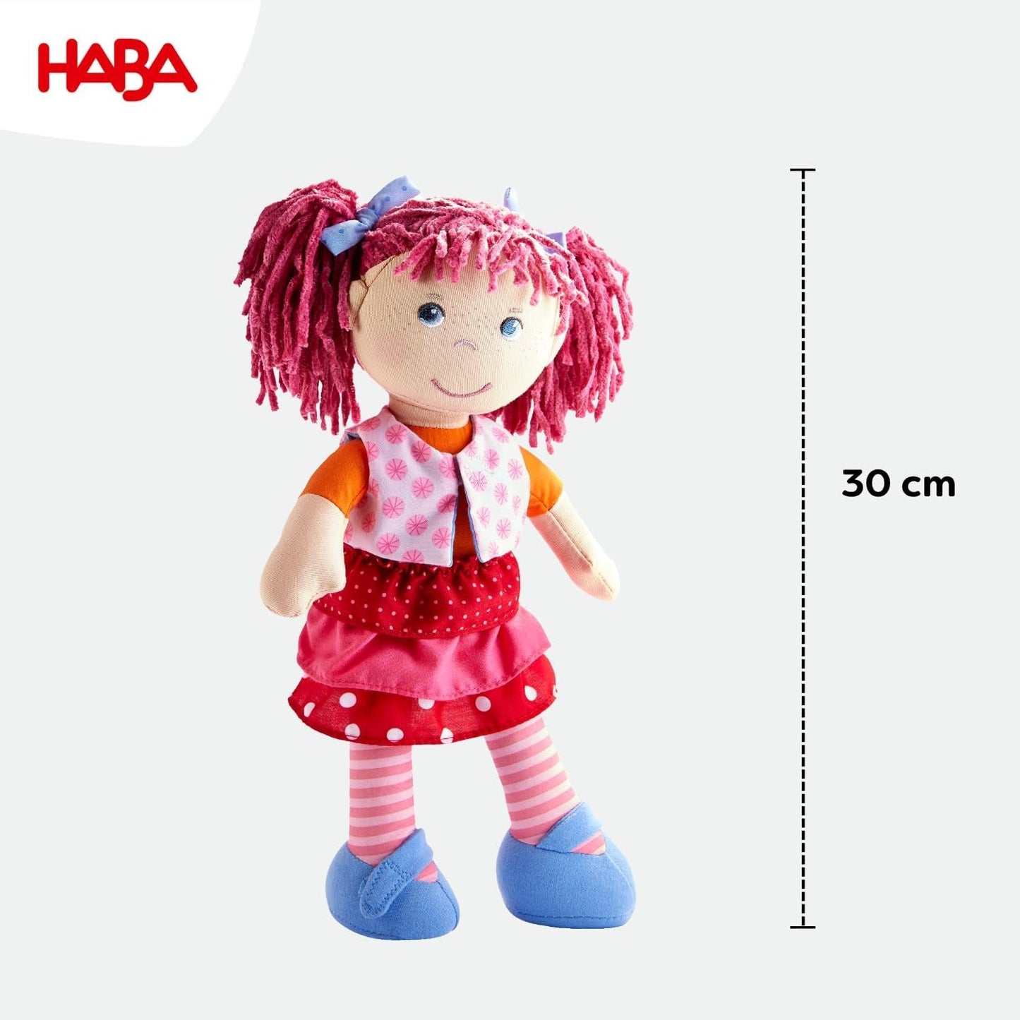 Lalka HABA Lily Lou - Lalka z miękkiej tkaniny od 18 miesięcy - 30 cm z ubrankami i włosami - Idealna towarzyszka zabaw dla małych dzieci - 1302842001