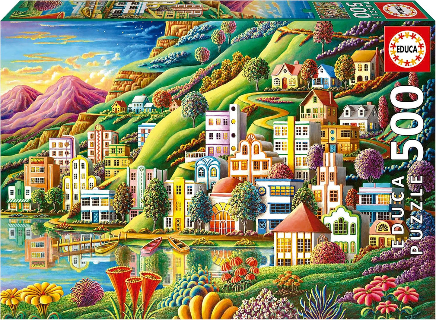 Educa - Puzzle 500 elementów dla dorosłych | Kolorowa wioska nad jeziorem 500 elementów puzzle dla dorosłych i dzieci od 11 lat, puzzle krajobraz, ilustracja (19552) Puzzle Naty Shop Domyślny tytuł