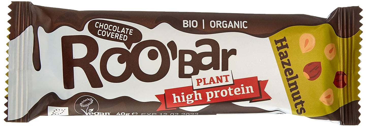 Wysokobiałkowe batoniki z orzechami laskowymi w polewie czekoladowej - 100% organiczne, wegańskie, batoniki owocowe, bez nabiału, bez glutenu, bez rafinowanego cukru - 16 batonów x 40g