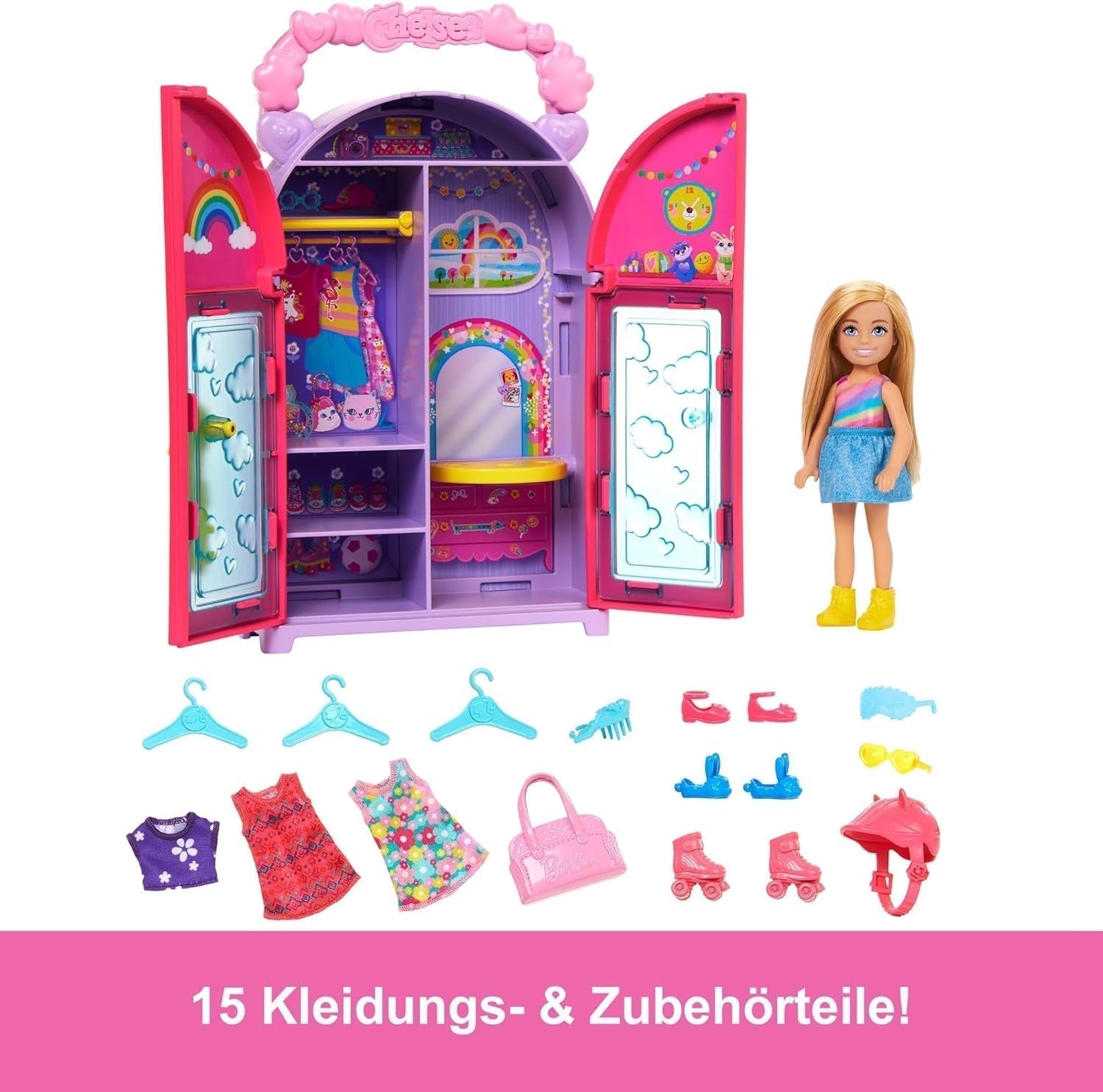 Zestaw lalek Barbie Chelsea z szafą, ubraniami i akcesoriami, 17-częściowy zestaw, składany do zabawy w podróży i przechowywania, lalki HXN03 Naty Shop