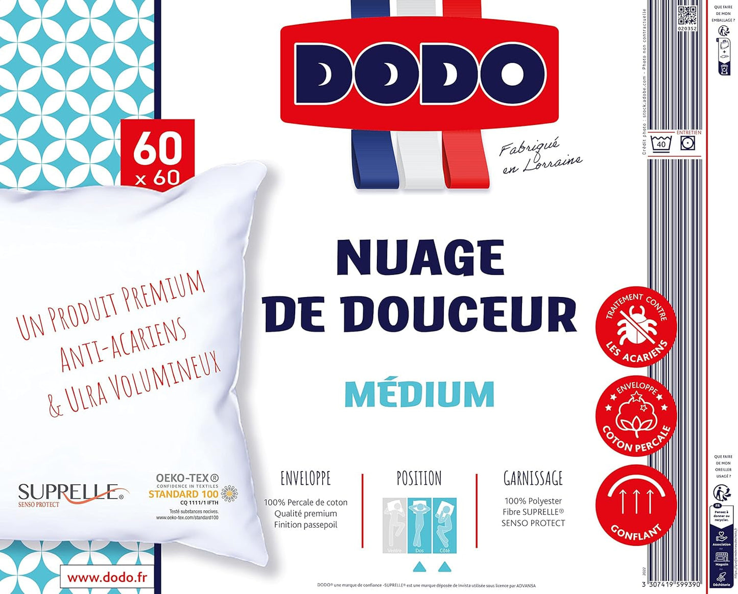Poduszka DODO Premium, 60 x 60 cm, średni komfort, poduszka Cloud De Douceur | Roztocza i puszyste | Bawełna perkalowa + lamówka Można prać w pralce w temperaturze 40°C Poduszki standardowe Naty Shop