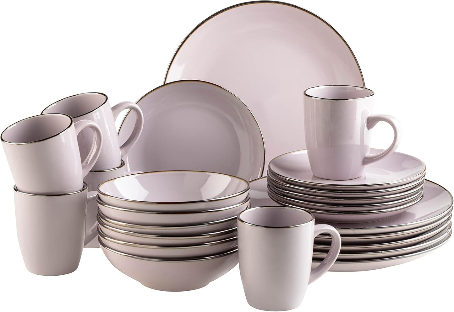 Nowoczesny zestaw obiadowy dla 6 osób z mosiężnym brzegiem, 24-częściowy serwis w kształcie filiżanki bez oprawek, lawenda