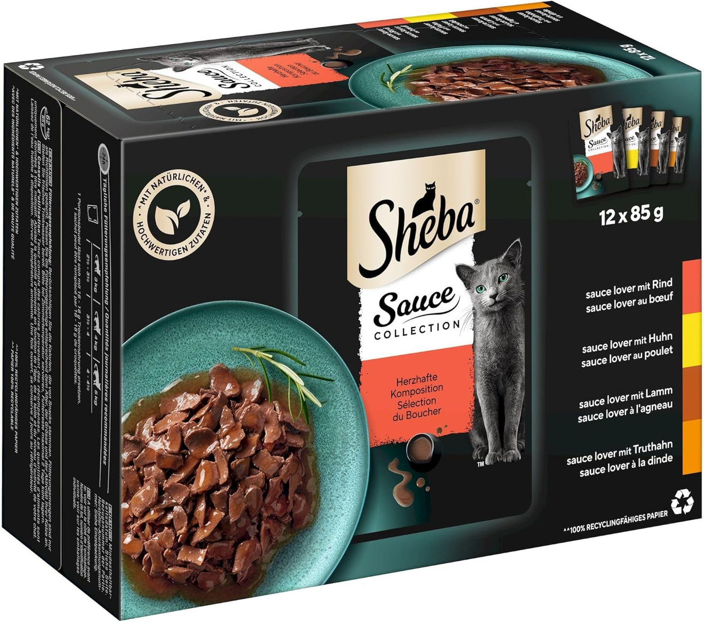 Sheba Sauce Collection Mokra karma dla kotów, porcjowane saszetki, słone opakowanie zbiorcze, 4x12x85g