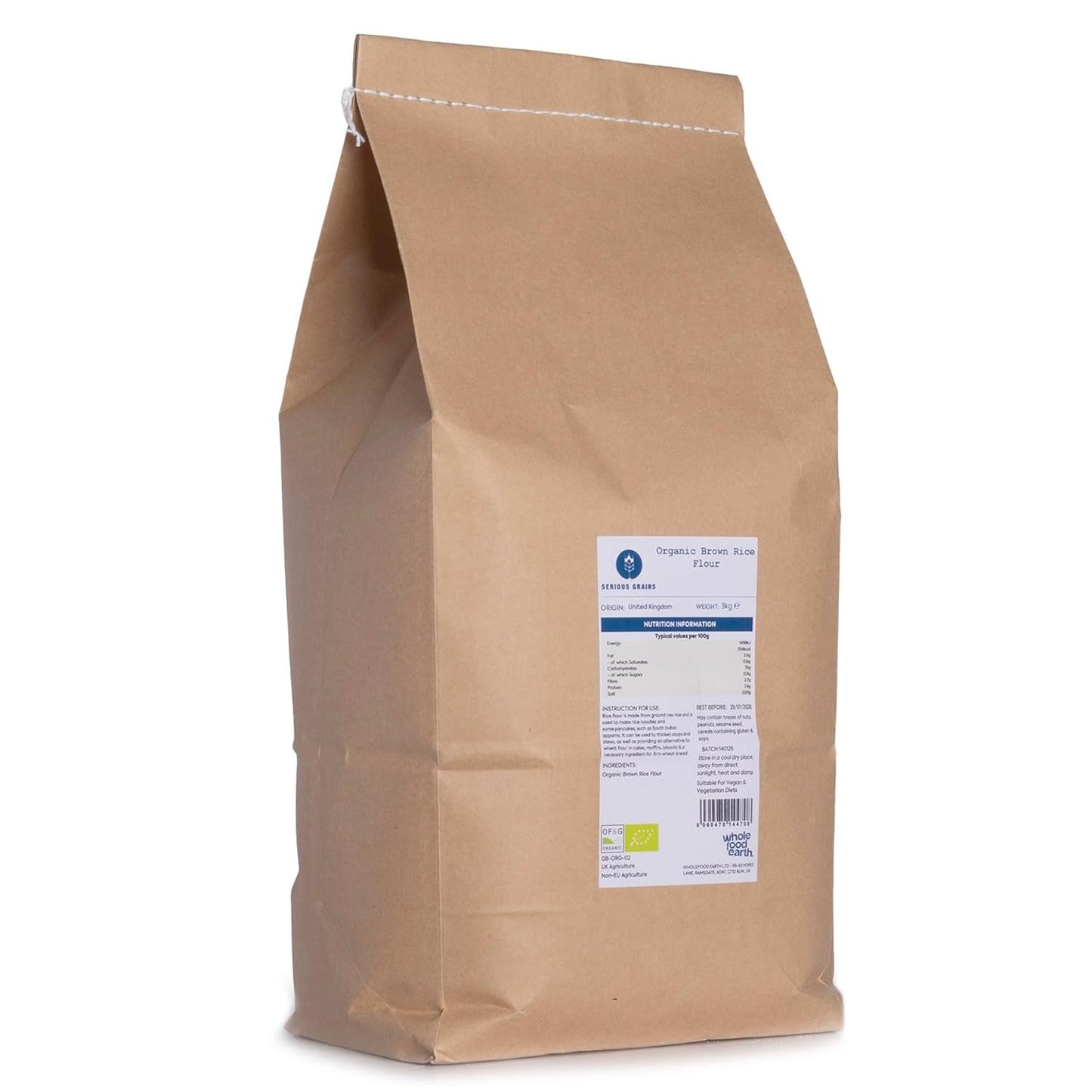 Wholefood Earth Organiczna mąka z brązowego ryżu – 3 kg | Kamienna ziemia | Bez GMO | Certyfikowane organiczne