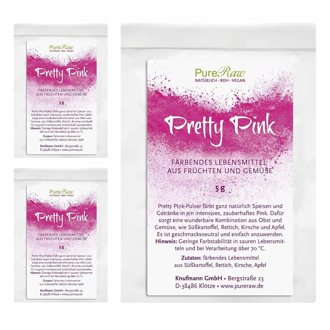Pretty Pink Natürliche Lebensmittelfarbe Pulver Rosa (Roh Vegan) Pastel Rose Bis Intensiv Rosa-Rot - Essbare Farbe Für Lebensmittel Aus Früchten Und Gemüse - Naturalny barwnik spożywczy | Pureraw 5G Naty Shop 5 G (pakiet 3Er) Różowy