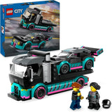 LEGO City Transporter samochodów z samochodem wyścigowym, zabawkową ciężarówką z regulowaną rampą załadunkową i samochodem wyścigowym, zestaw do budowania zawierający 2 minifigurki, kierowcę wyścigowego i kierowcę ciężarówki, dla dzieci od 6 lat 60406 Zestawy do budowania Besuche den LEGO-Store Single