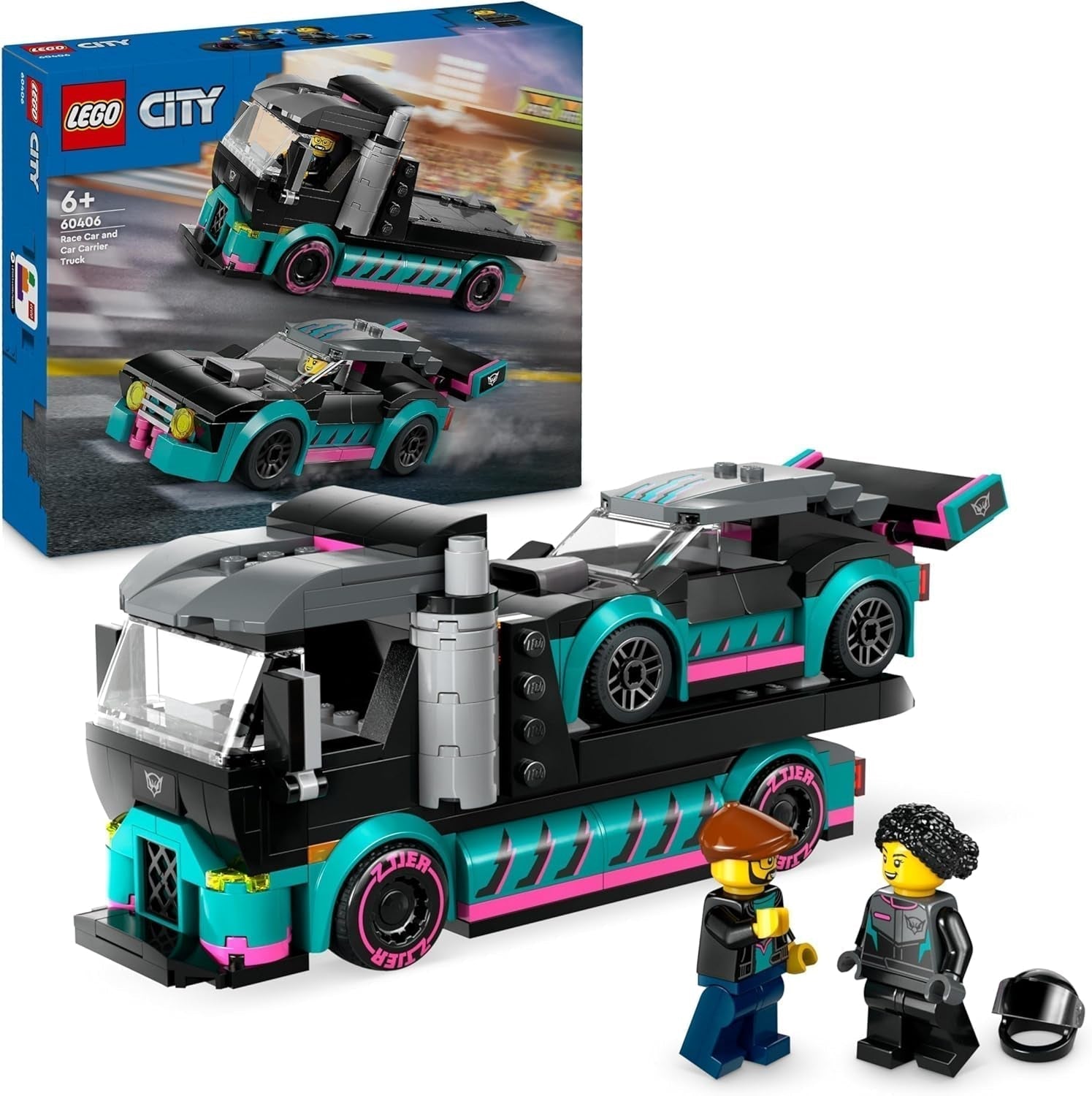 LEGO City Transporter samochodów z samochodem wyścigowym, zabawkową ciężarówką z regulowaną rampą załadunkową i samochodem wyścigowym, zestaw do budowania zawierający 2 minifigurki, kierowcę wyścigowego i kierowcę ciężarówki, dla dzieci od 6 lat 60406 Zestawy do budowania Besuche den LEGO-Store Single