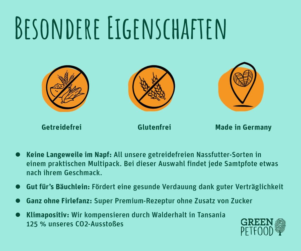 Opakowanie zbiorcze Green Petfood FairCat (6 x 85 g) | Dorosły | Mokra karma premium dla wyrośniętych kotów 6 verschiedenen leckere Sorten im Multipack | getreidefrei | Katzenfutter nass | 6 paczek