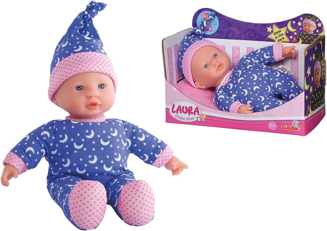 Simba 105010010 - Laura Little Star Lalka z miękkim ciałem w uroczej sukience i świecącym kapeluszu z księżycem i gwiazdami 20 cm świecąca lalka bobas od 12 miesięcy