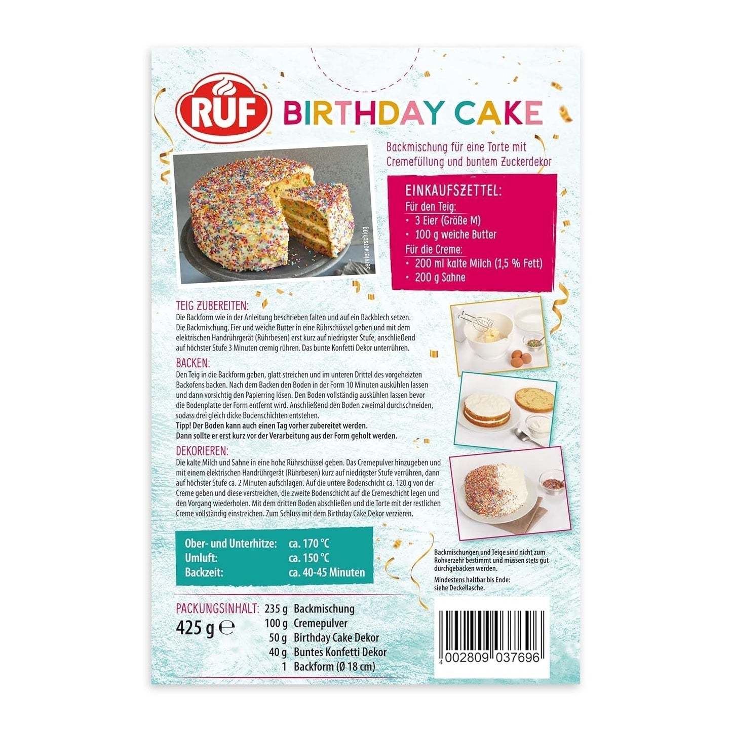 Tort urodzinowy RUF, Geburtstagskuchen, Schicht-Torte Aus Rührteig Und Konfetti-Streusel, Tortencreme Und Buntem Dekor-Mix, Für Kindergeburtstag, Familienfeier, Einschulung, 1X425G Lukier i dekoracje Naty Shop
