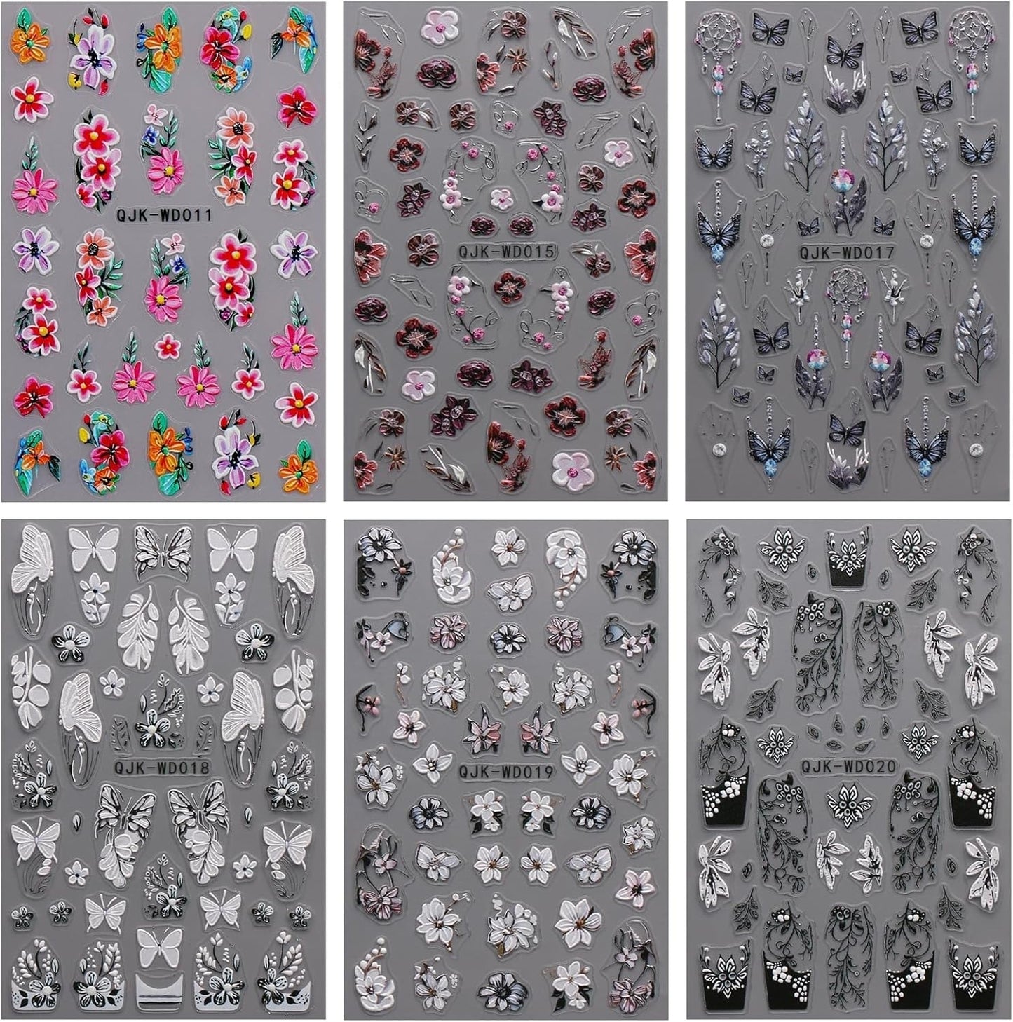 JMEOWIO Nagelsticker Schwarz Weiße Blume 6 Blatt Nail Art Naklejka Selbstklebend Nagelaufkleber Frühling Letnia dekoracja kwiatowa Nageldesign Zubehör