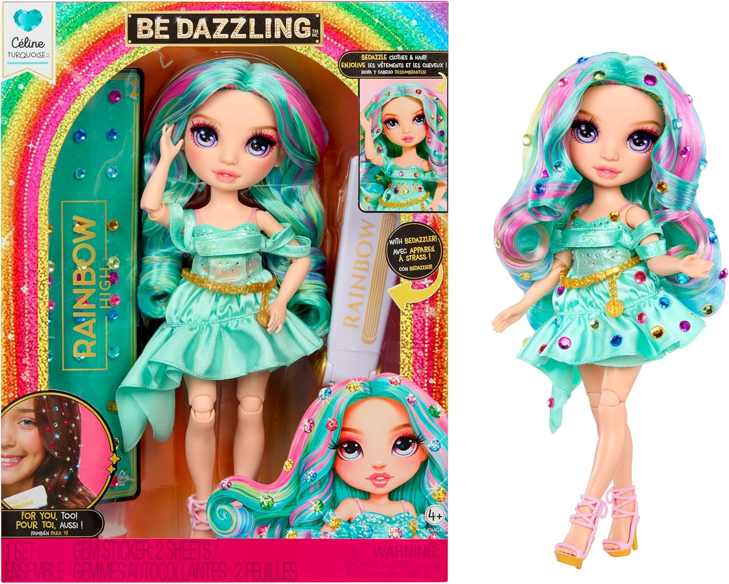 Olśniewająca lalka modowa Rainbow High Be – Celine Turquoise – niebiesko-zielona, ​​28 cm, z narzędziem do dekorowania, błyszczącymi klejnotami i akcesoriami do stylizacji